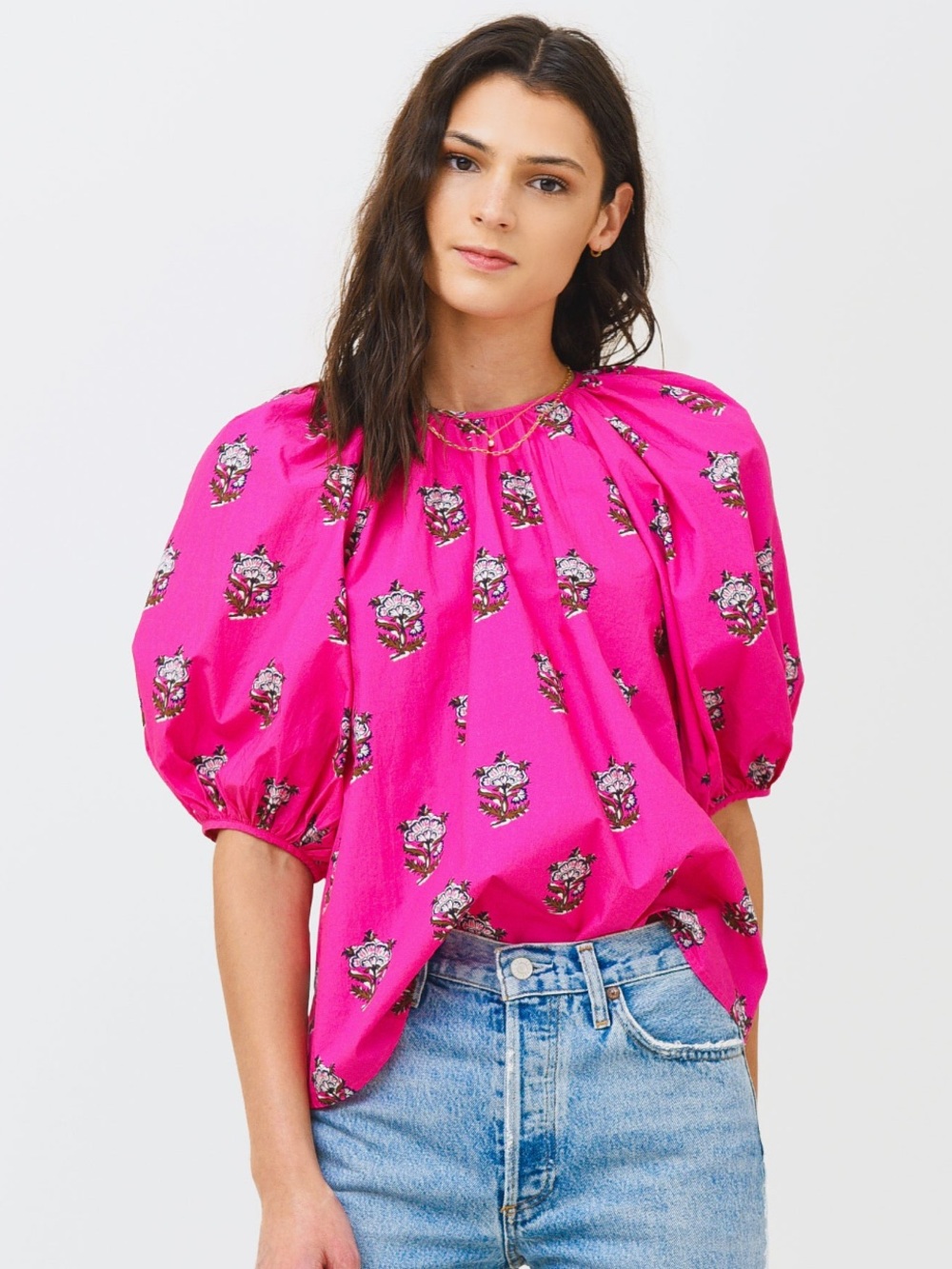 RHODE Rowan Puff-Sleeve Blouse in Vibrant Pink with Dog Print